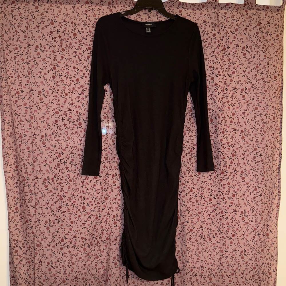 Forever 21 Black Long Sleeve Ribbed Mini/ Midi Dress with Side Ties